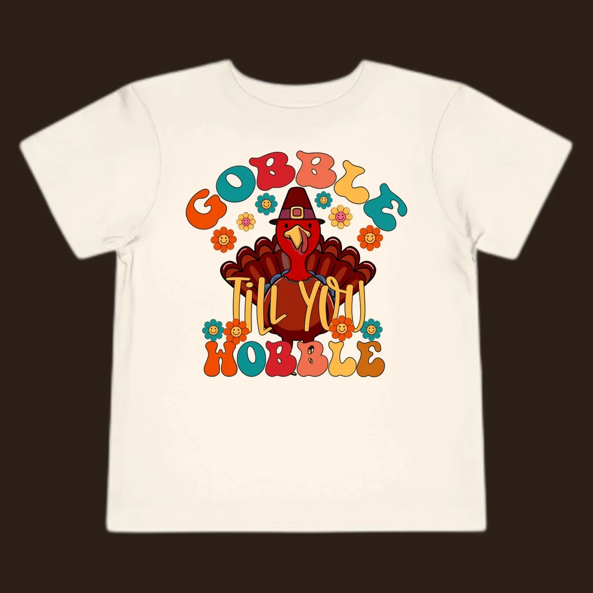 Gobble Till You Wobble turkey retro design with groovy flowers.
