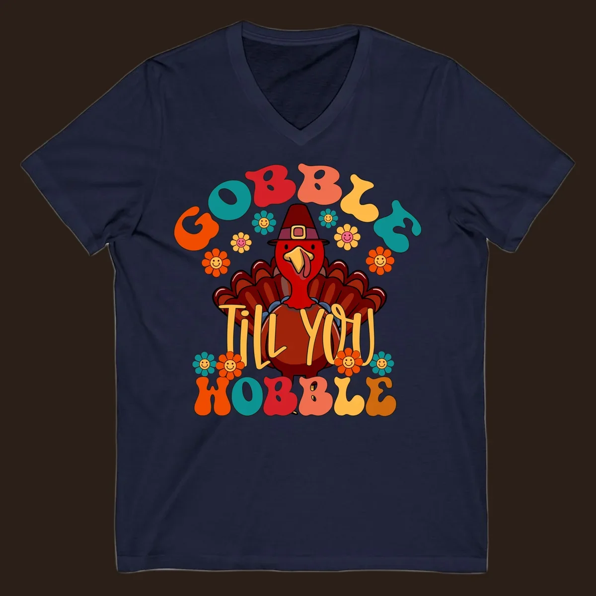 Gobble Till You Wobble turkey retro design with groovy flowers.