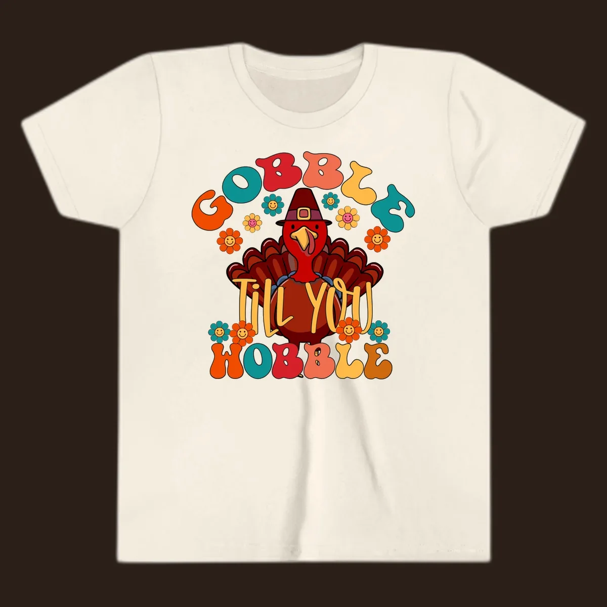 Gobble Till You Wobble turkey retro design with groovy flowers.