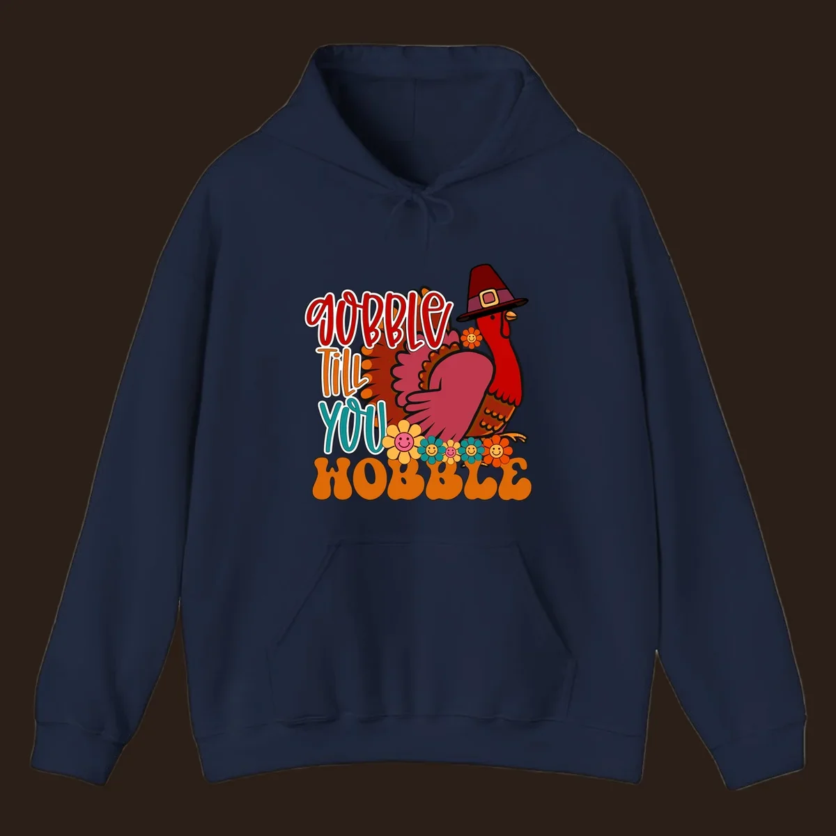 Gobble Till You Hobble Thanksgiving Turkey design with retro flowers and pilgrim hat.