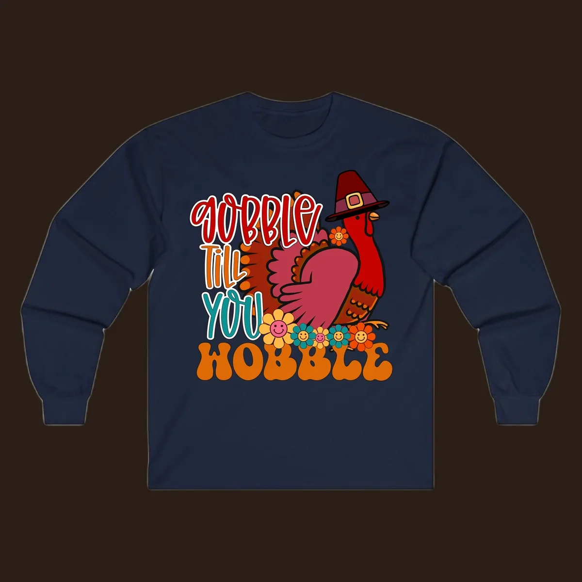 Gobble Till You Hobble Thanksgiving Turkey design with retro flowers and pilgrim hat.