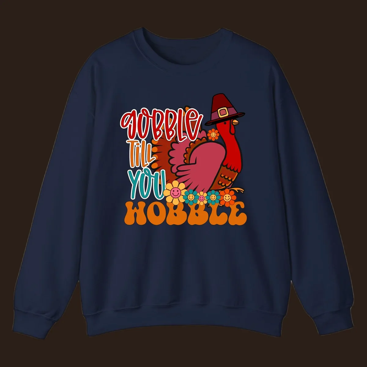 Gobble Till You Hobble Thanksgiving Turkey design with retro flowers and pilgrim hat.