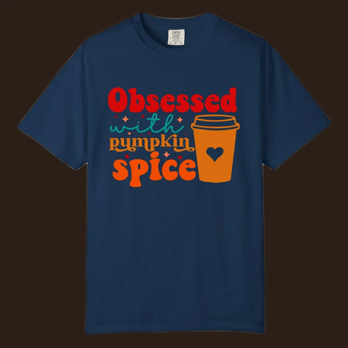 Obsessed with pumpkin spice retro wavy text and coffee cup design.