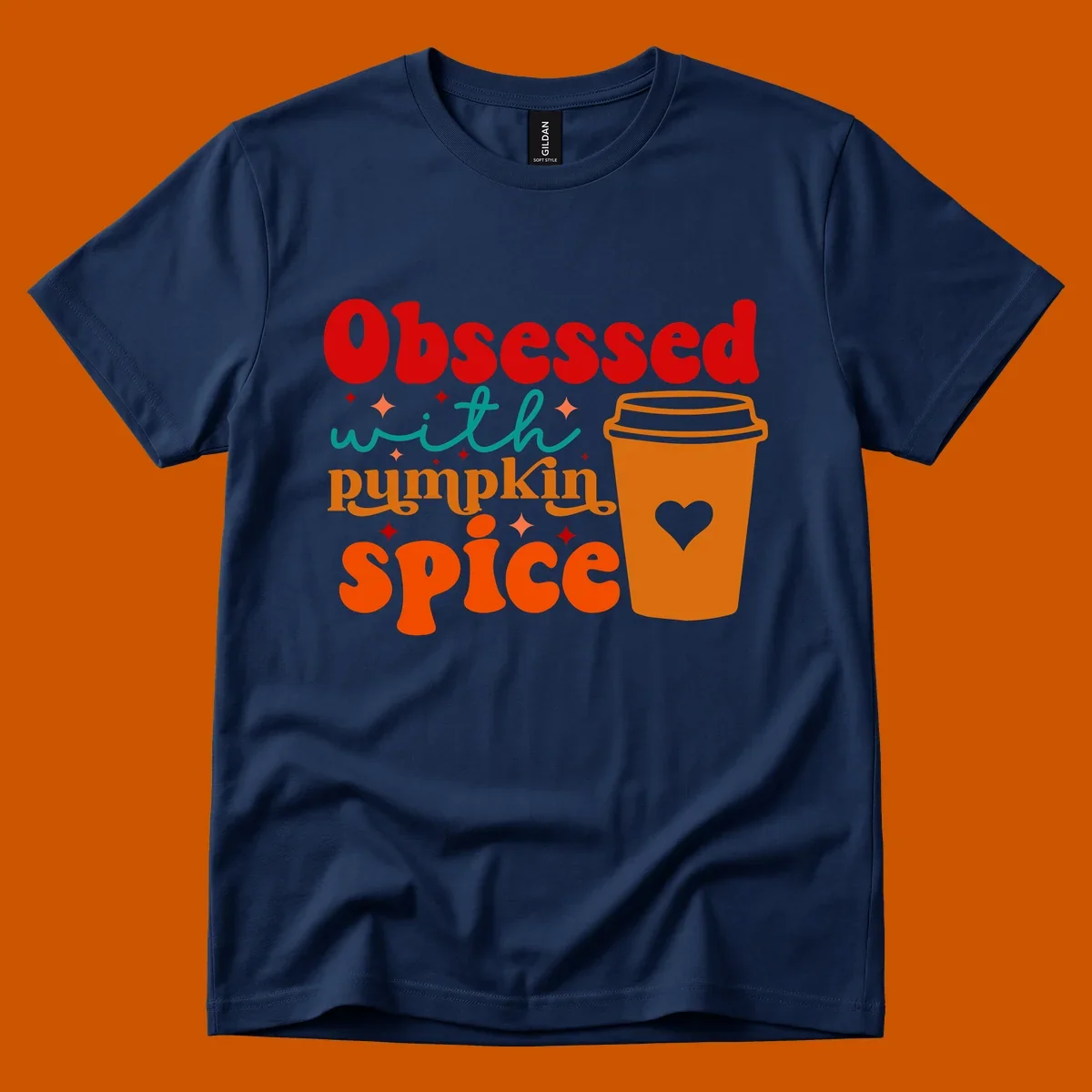 Obsessed with pumpkin spice retro wavy text and coffee cup design.