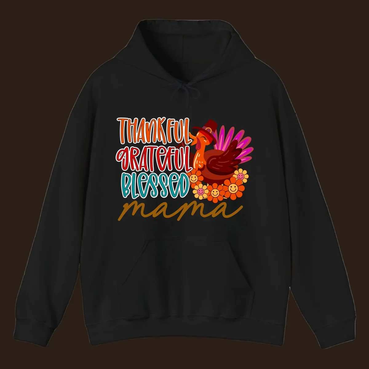 Thanksgiving mama turkey floral design with smiling flowers and colorful text.