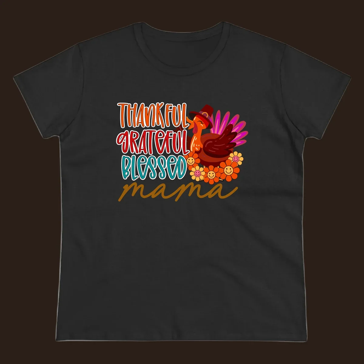 Thanksgiving mama turkey floral design with smiling flowers and colorful text.