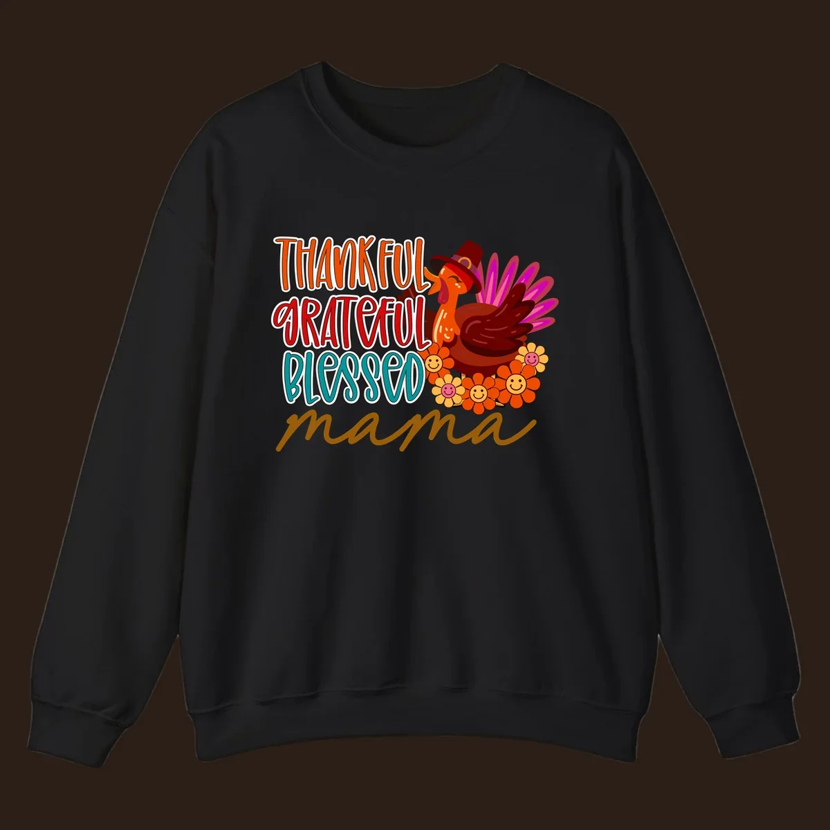 Thanksgiving mama turkey floral design with smiling flowers and colorful text.