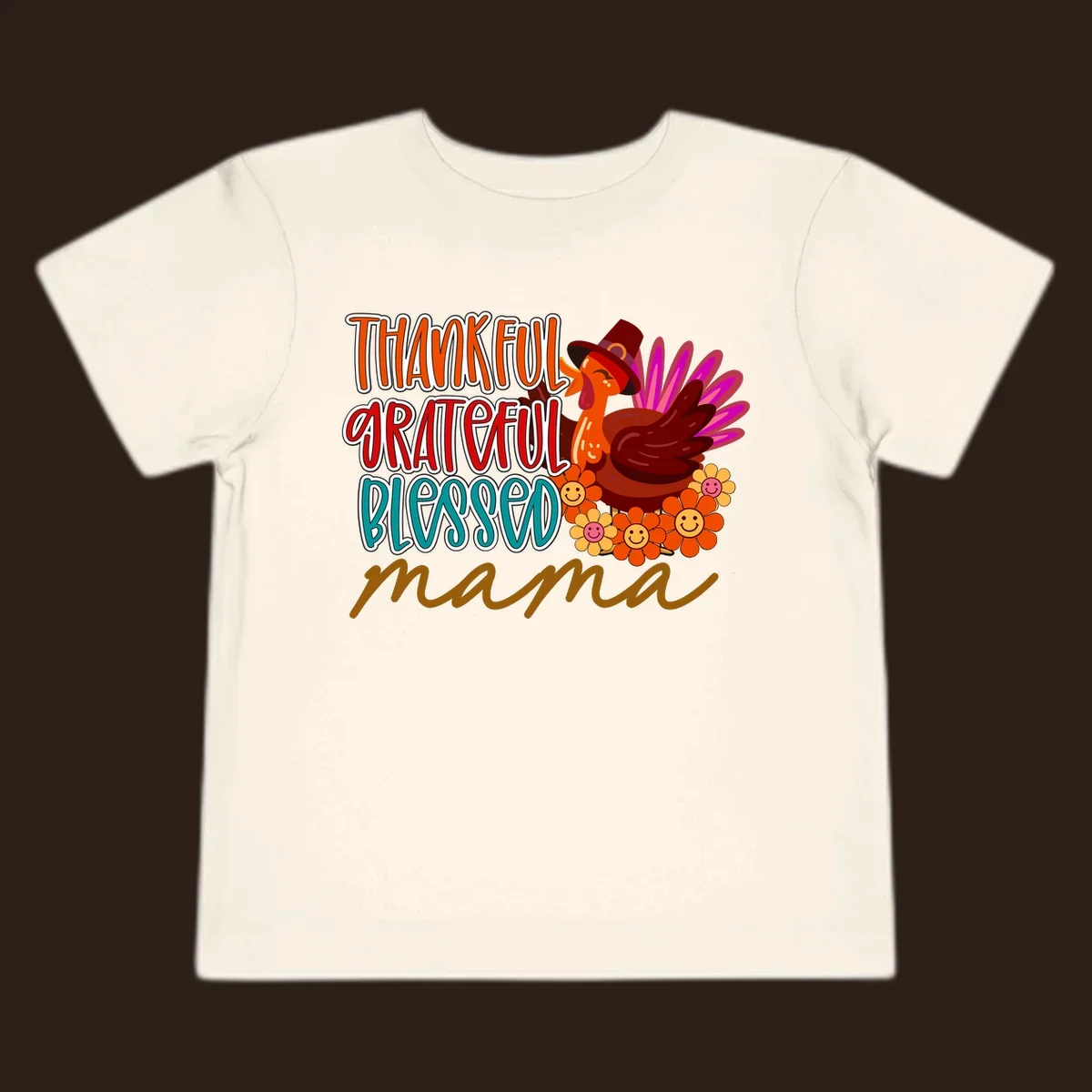 Thanksgiving mama turkey floral design with smiling flowers and colorful text.