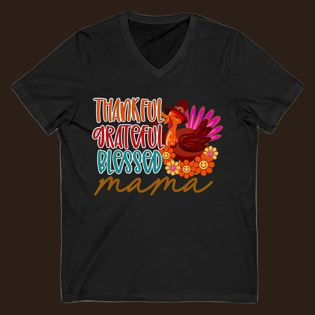 Thanksgiving mama turkey floral design with smiling flowers and colorful text.