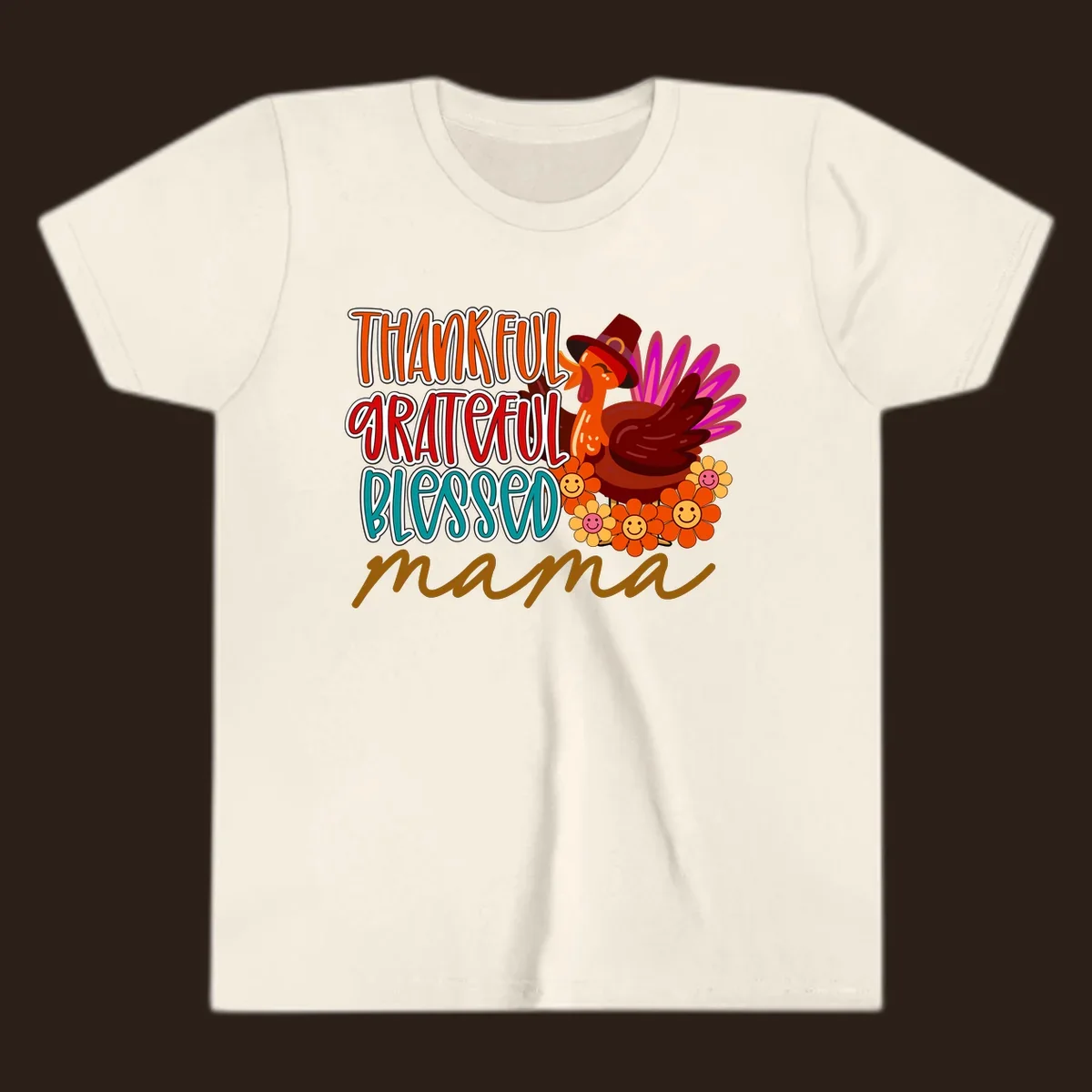 Thanksgiving mama turkey floral design with smiling flowers and colorful text.
