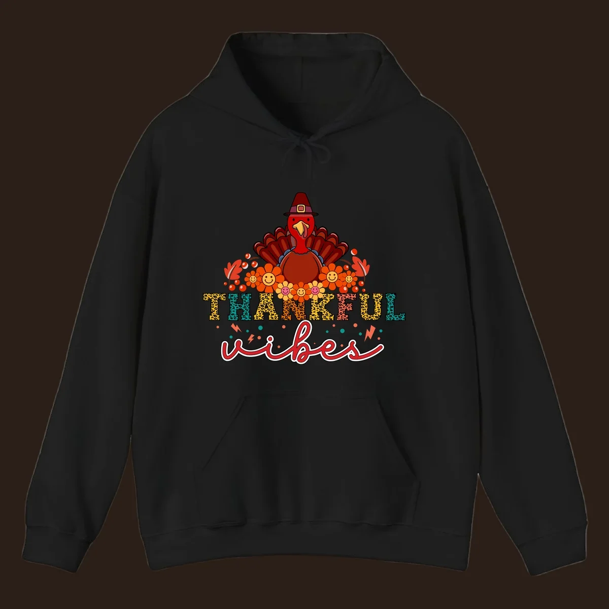 Retro Thanksgiving thankful vibes design with a turkey, flowers, and leopard print text.