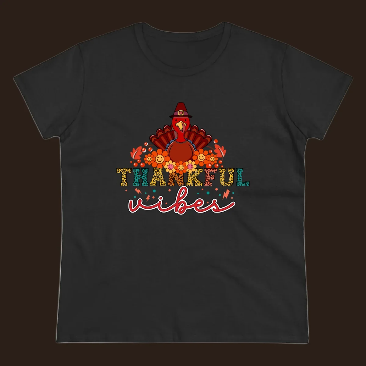 Retro Thanksgiving thankful vibes design with a turkey, flowers, and leopard print text.