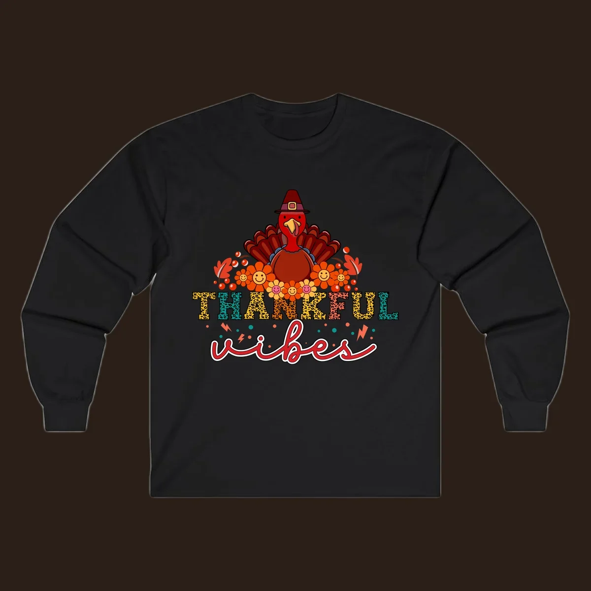 Retro Thanksgiving thankful vibes design with a turkey, flowers, and leopard print text.