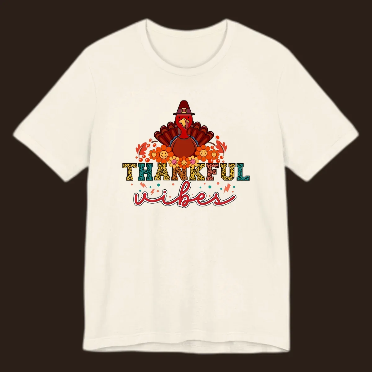 Retro Thanksgiving thankful vibes design with a turkey, flowers, and leopard print text.