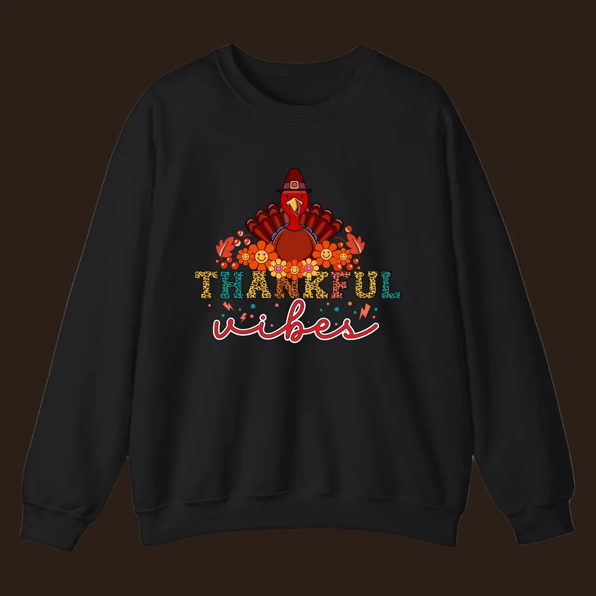 Retro Thanksgiving thankful vibes design with a turkey, flowers, and leopard print text.