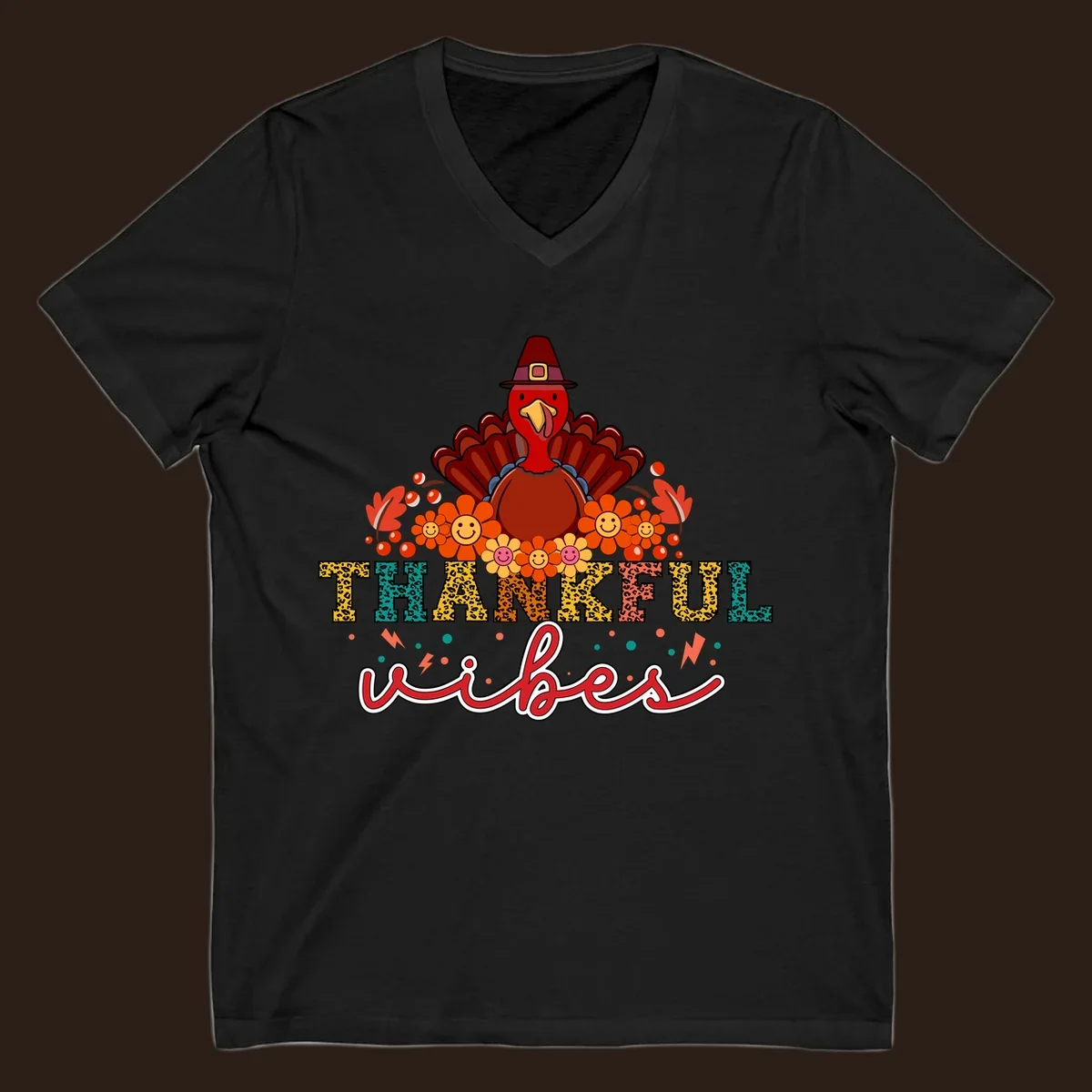 Retro Thanksgiving thankful vibes design with a turkey, flowers, and leopard print text.