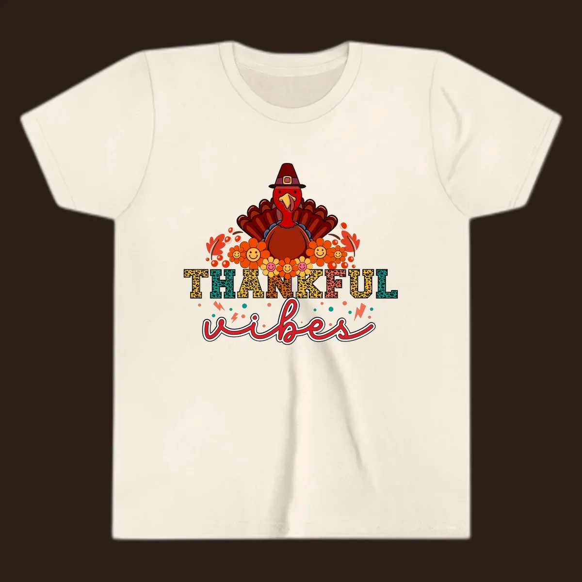 Retro Thanksgiving thankful vibes design with a turkey, flowers, and leopard print text.