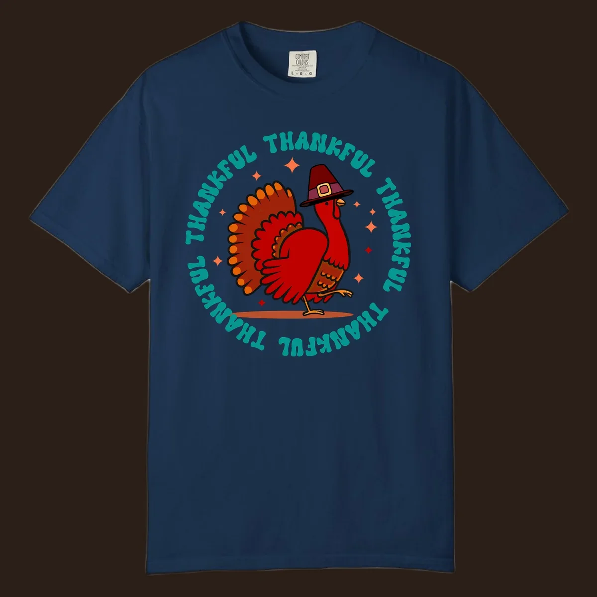 Thanksgiving turkey wearing a pilgrim hat with 'THANKFUL' text and starbursts.