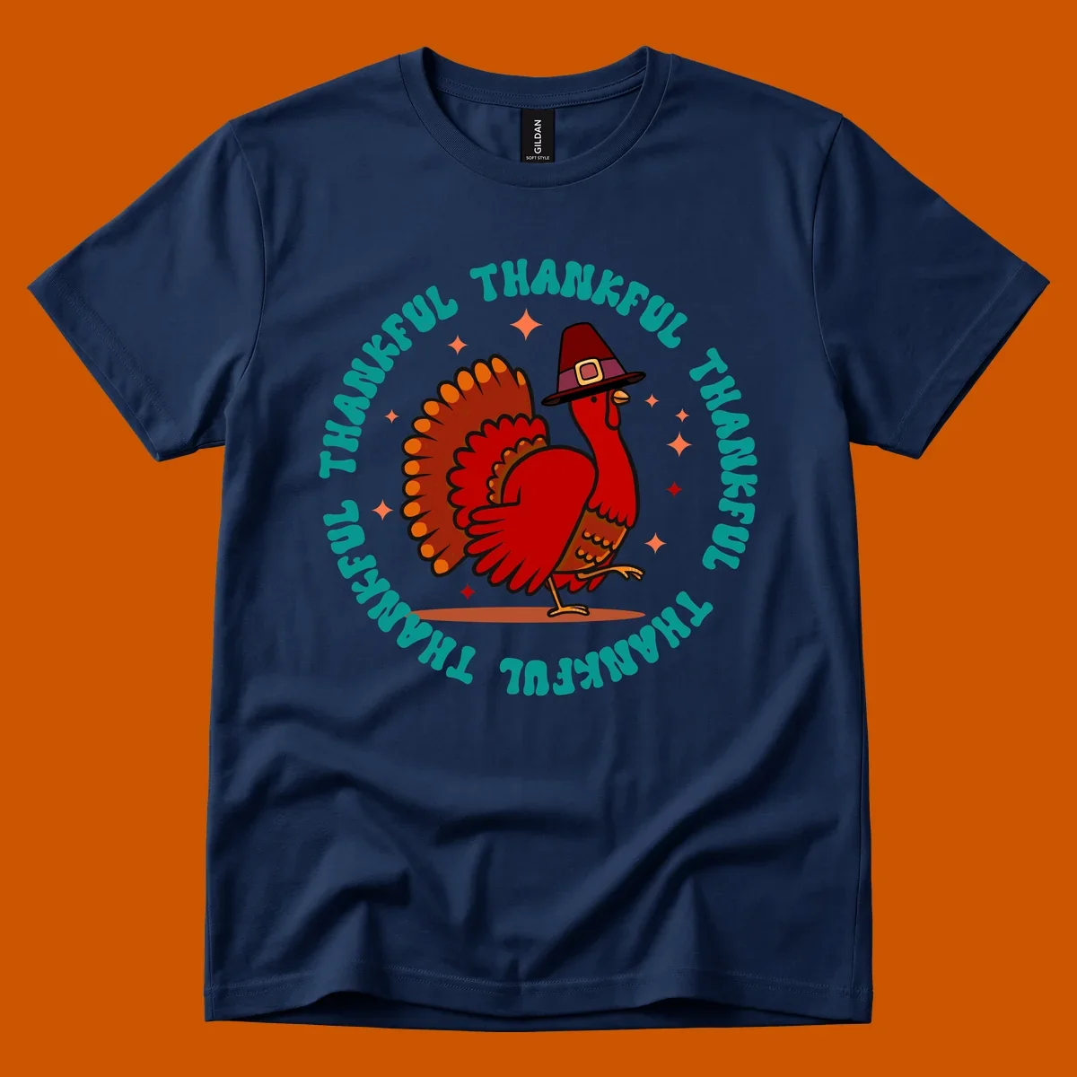 Thanksgiving turkey wearing a pilgrim hat with 'THANKFUL' text and starbursts.