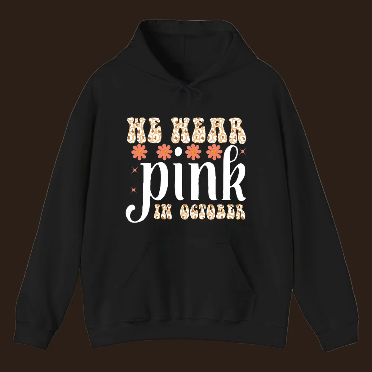 Retro "WE WEAR pink IN OCTOBER" design with leopard print and smiling flowers.