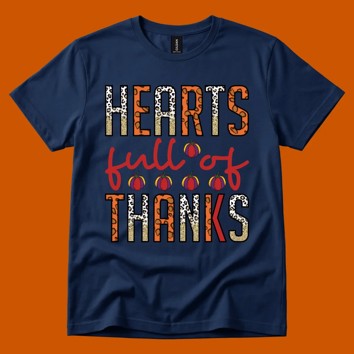 Hearts Full of Thanks pumpkins leopard print and glitter text design.