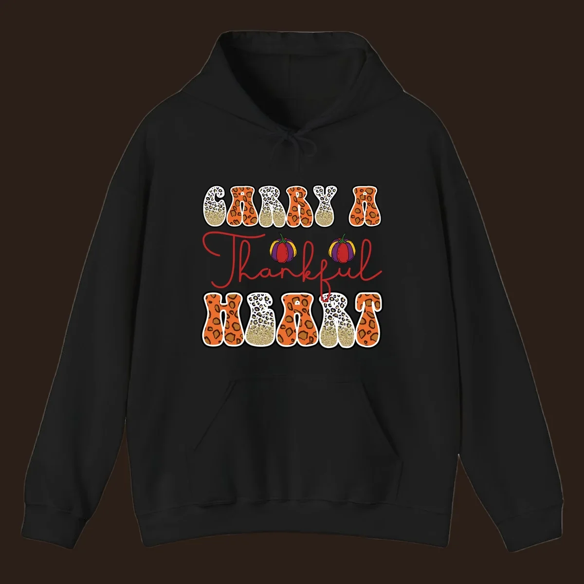 Carry A Thankful Heart design with leopard print letters and pumpkins.