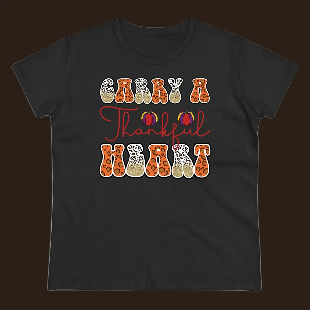 Carry A Thankful Heart design with leopard print letters and pumpkins.