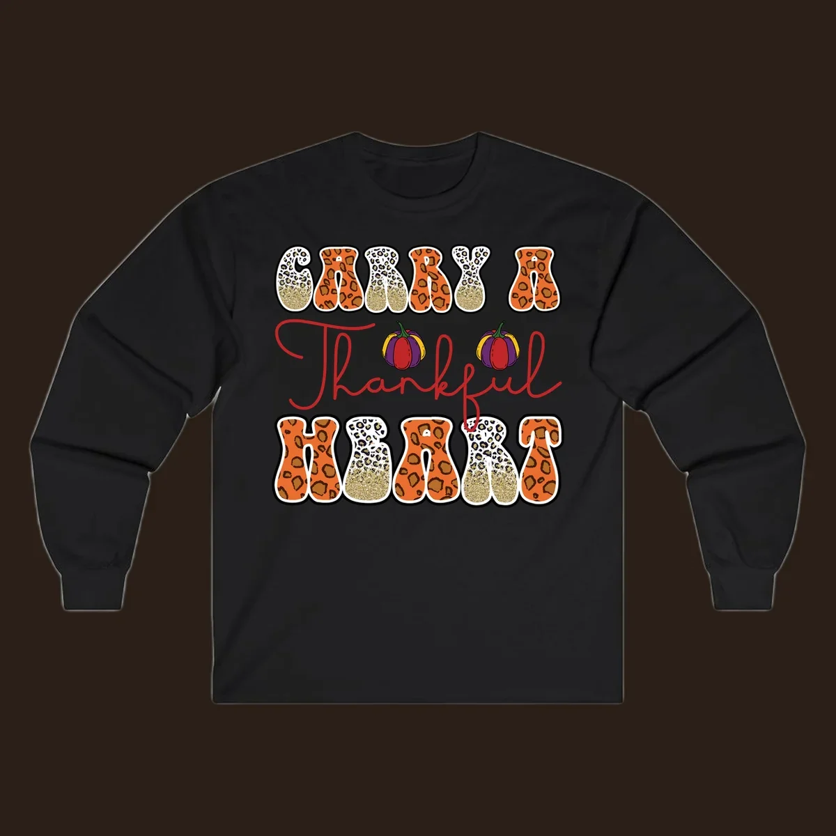 Carry A Thankful Heart design with leopard print letters and pumpkins.
