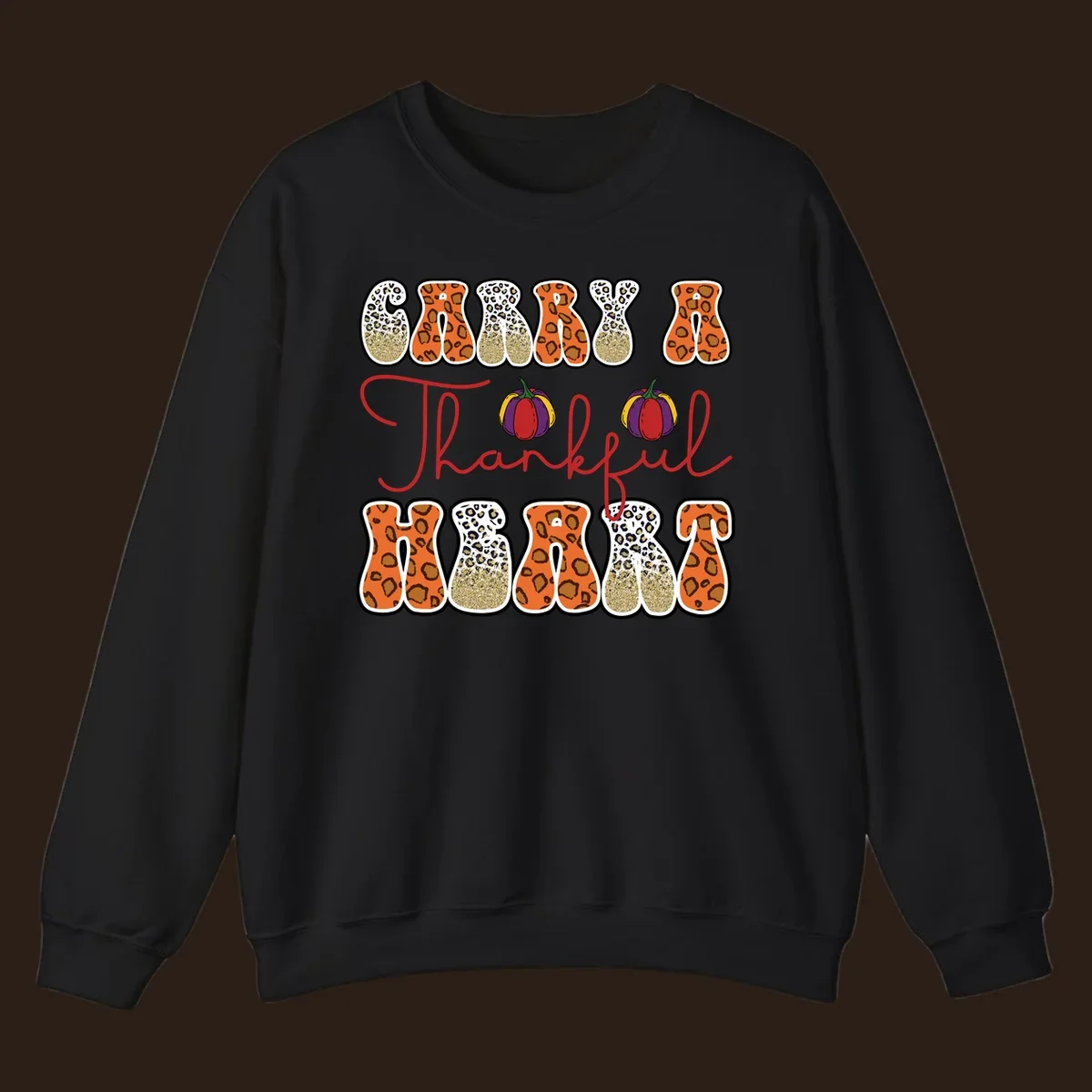 Carry A Thankful Heart design with leopard print letters and pumpkins.