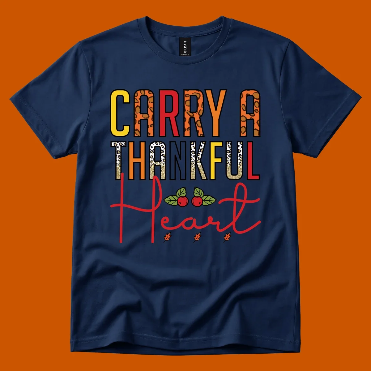 Carry a thankful heart design with leopard print and glitter accents.