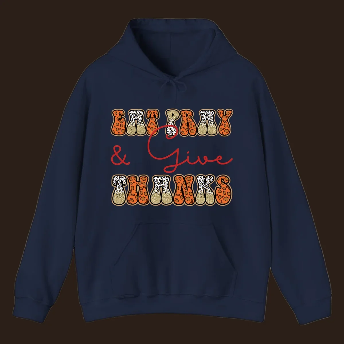 Eat Pray Give Thanks leopard print text design with gold glitter accents.