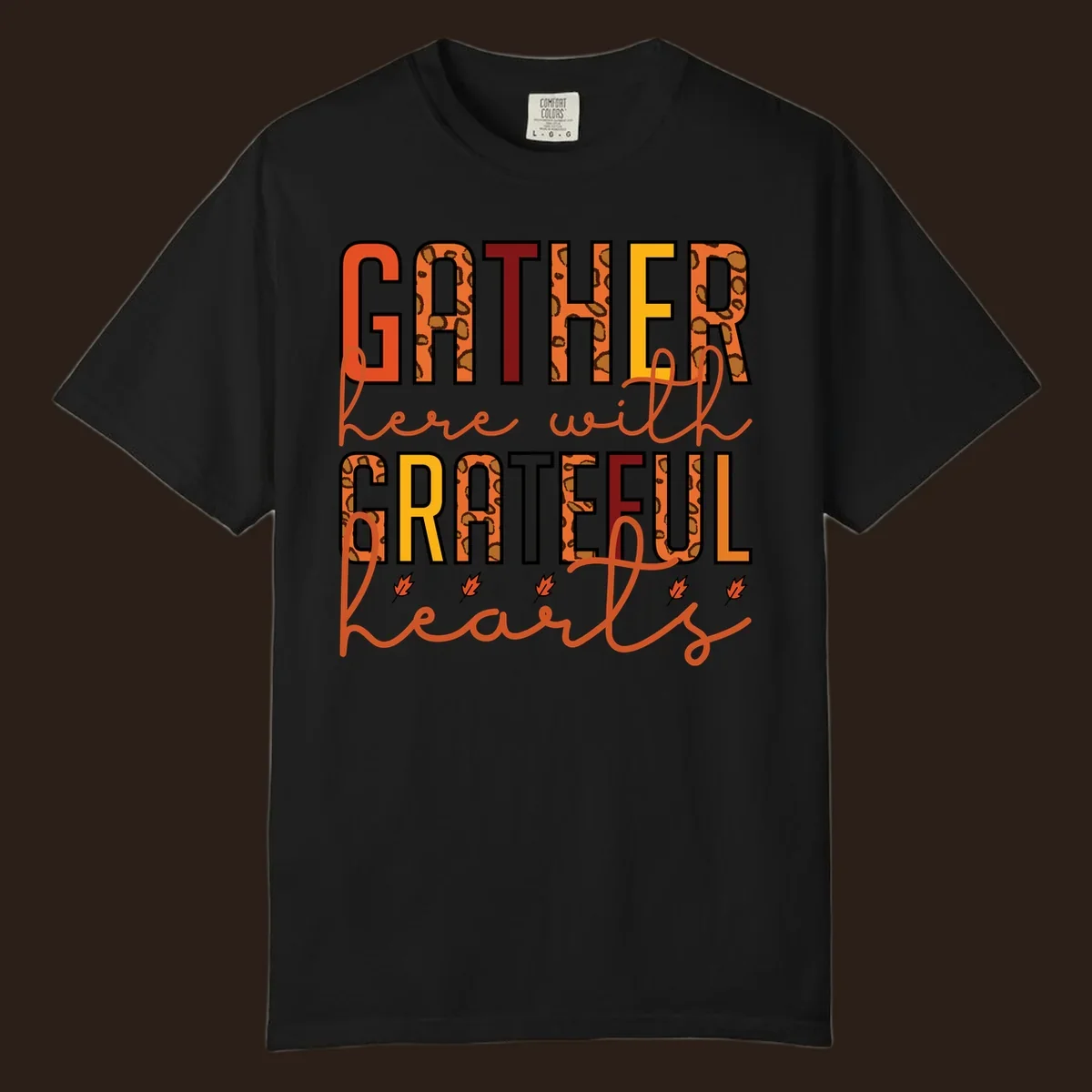 Gather Here With Hearts typography with leopard print and fall leaves.