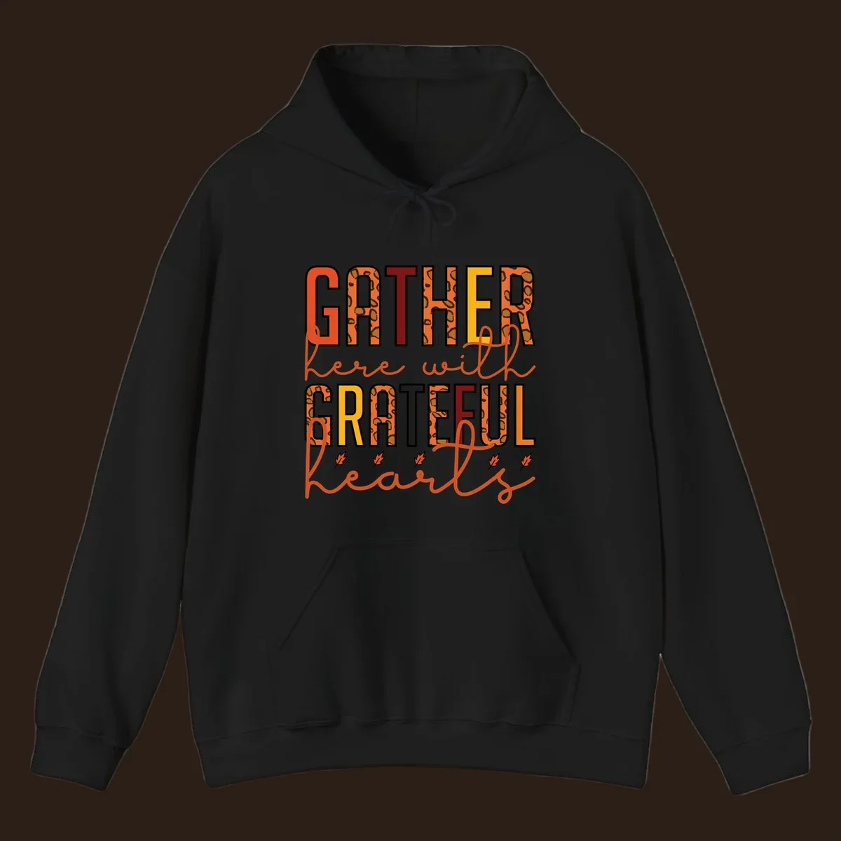 Gather Here With Hearts typography with leopard print and fall leaves.