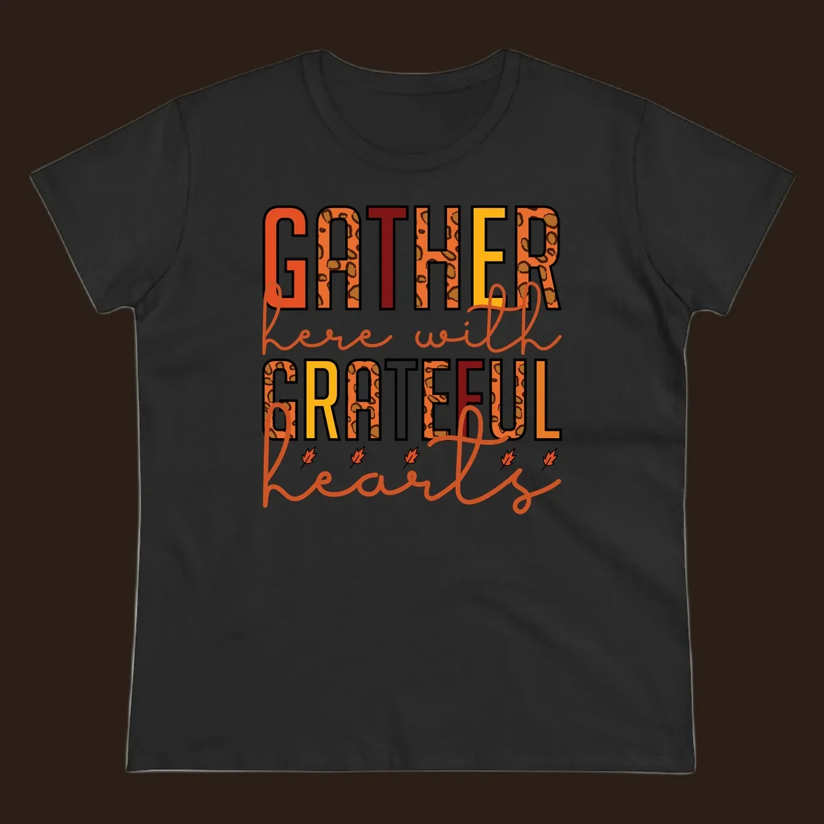 Gather Here With Hearts typography with leopard print and fall leaves.