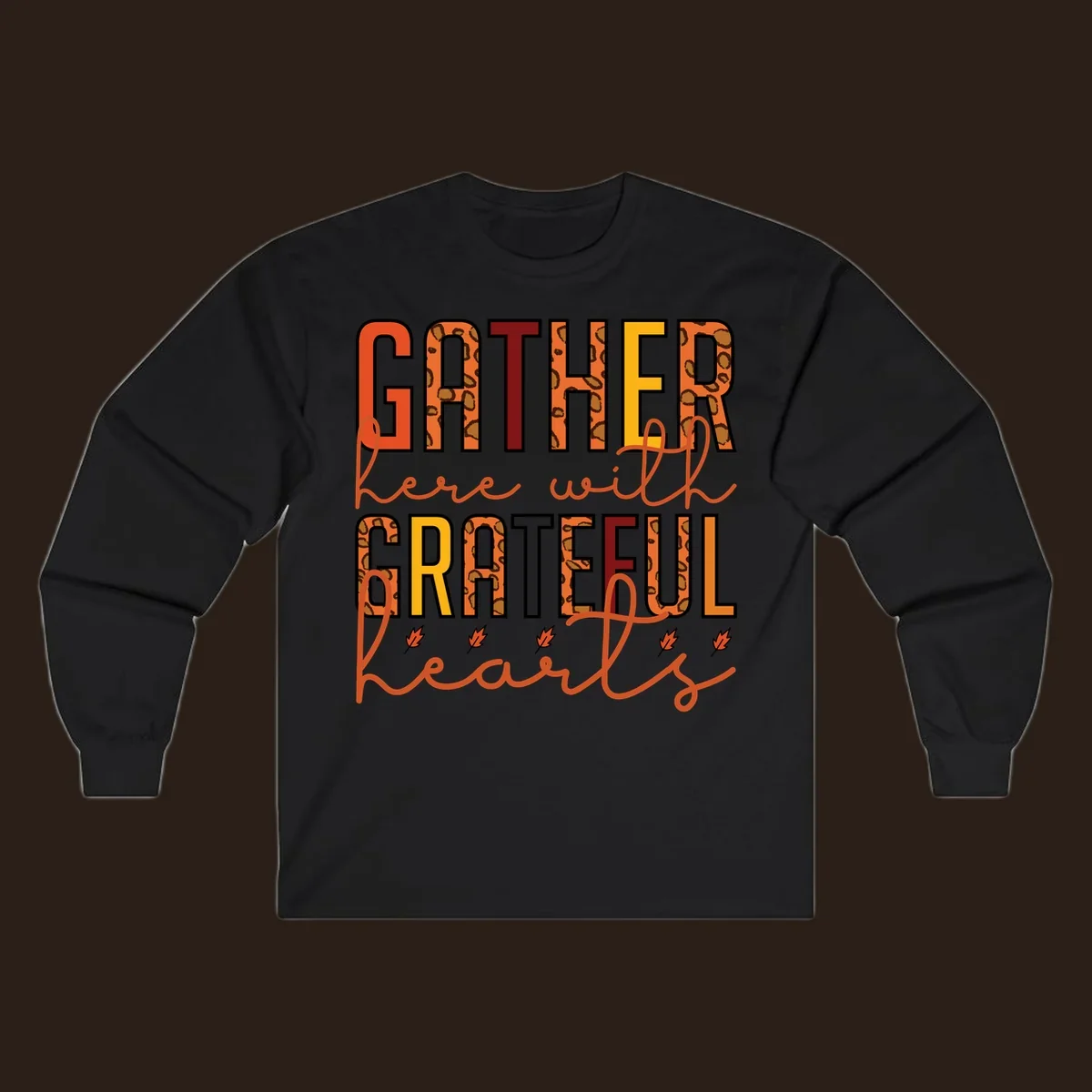 Gather Here With Hearts typography with leopard print and fall leaves.
