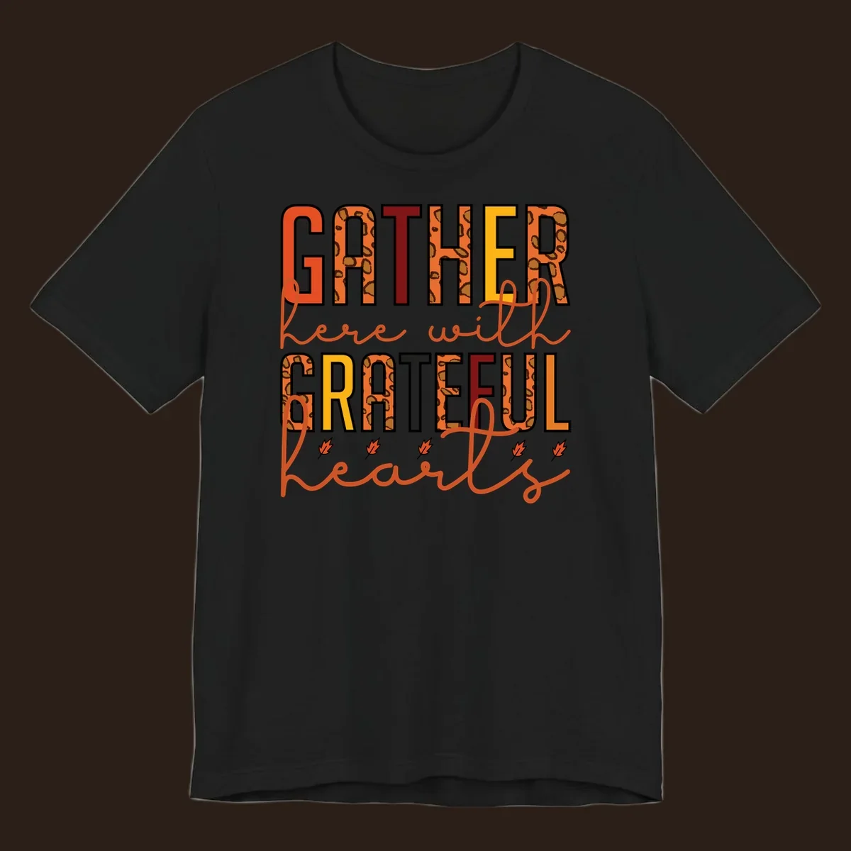 Gather Here With Hearts typography with leopard print and fall leaves.