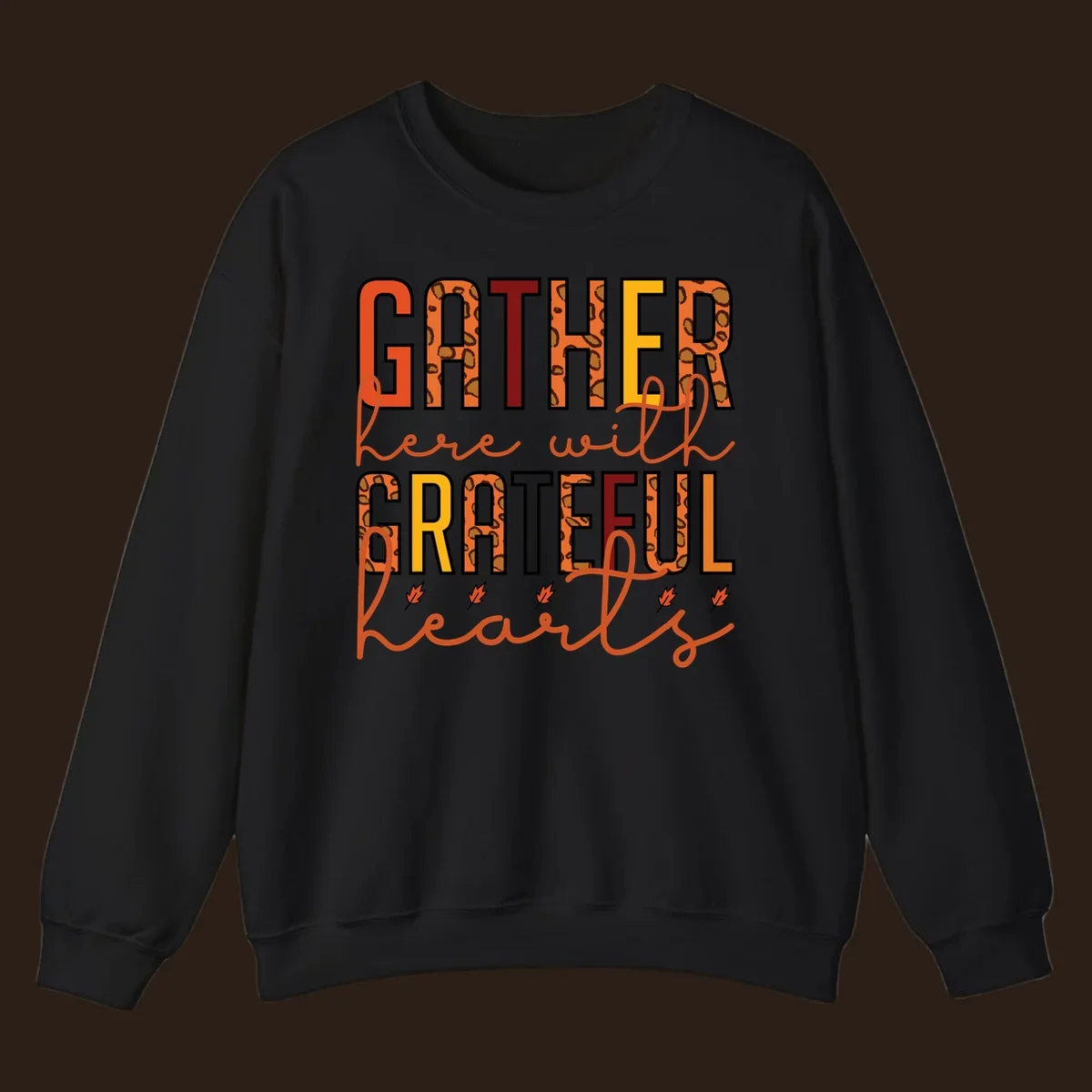 Gather Here With Hearts typography with leopard print and fall leaves.
