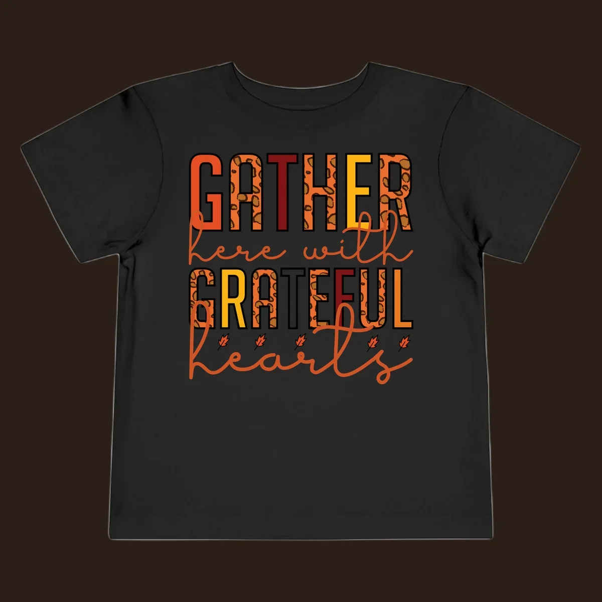 Gather Here With Hearts typography with leopard print and fall leaves.