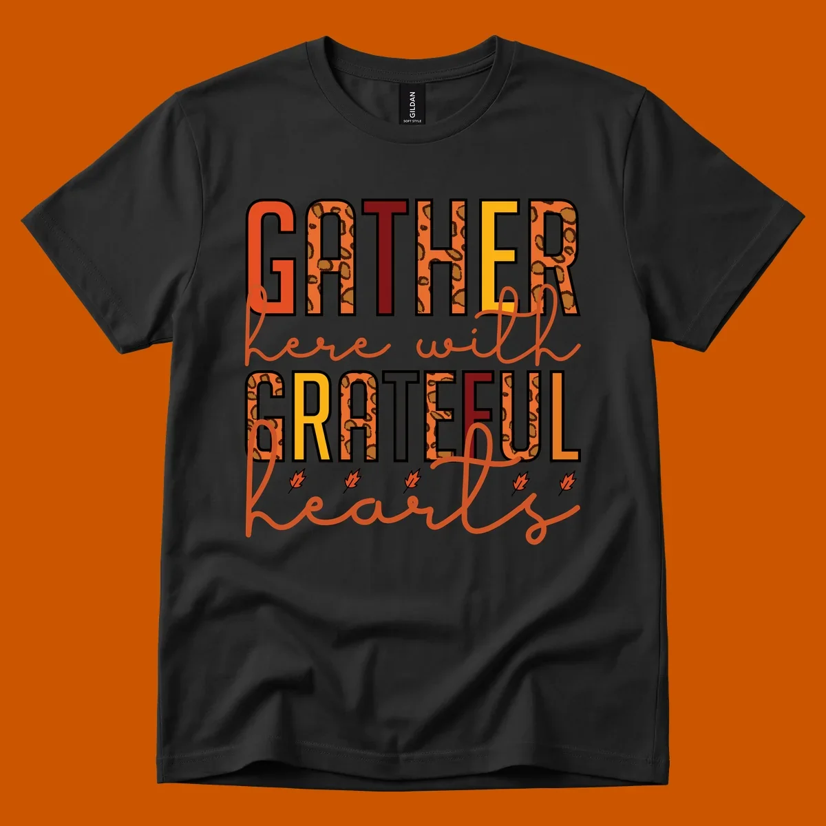 Gather Here With Hearts typography with leopard print and fall leaves.