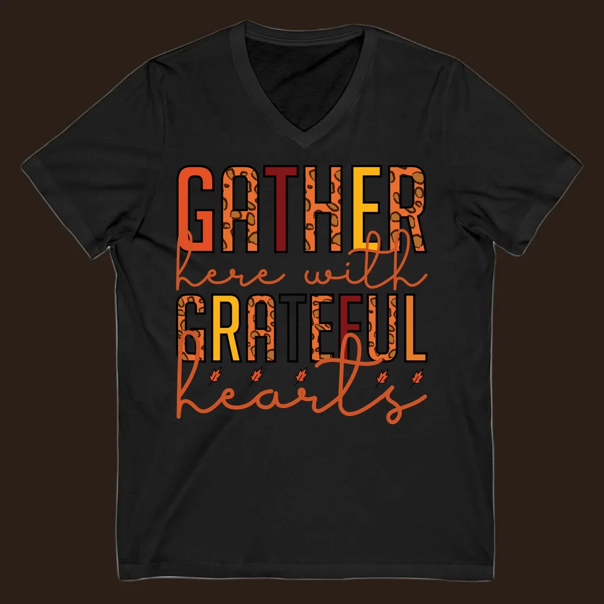 Gather Here With Hearts typography with leopard print and fall leaves.