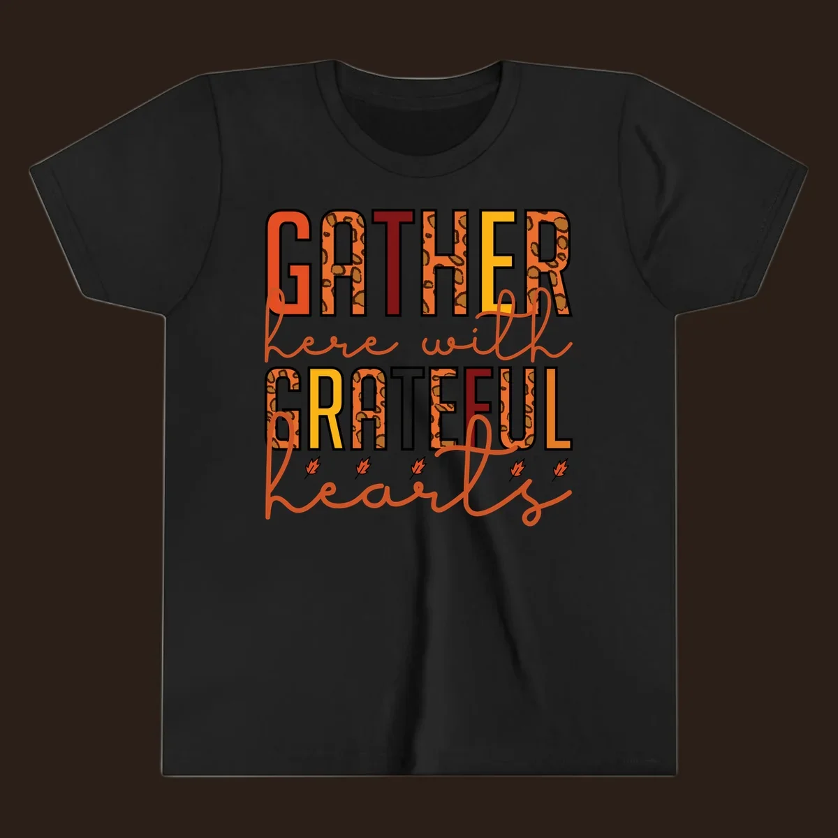 Gather Here With Hearts typography with leopard print and fall leaves.
