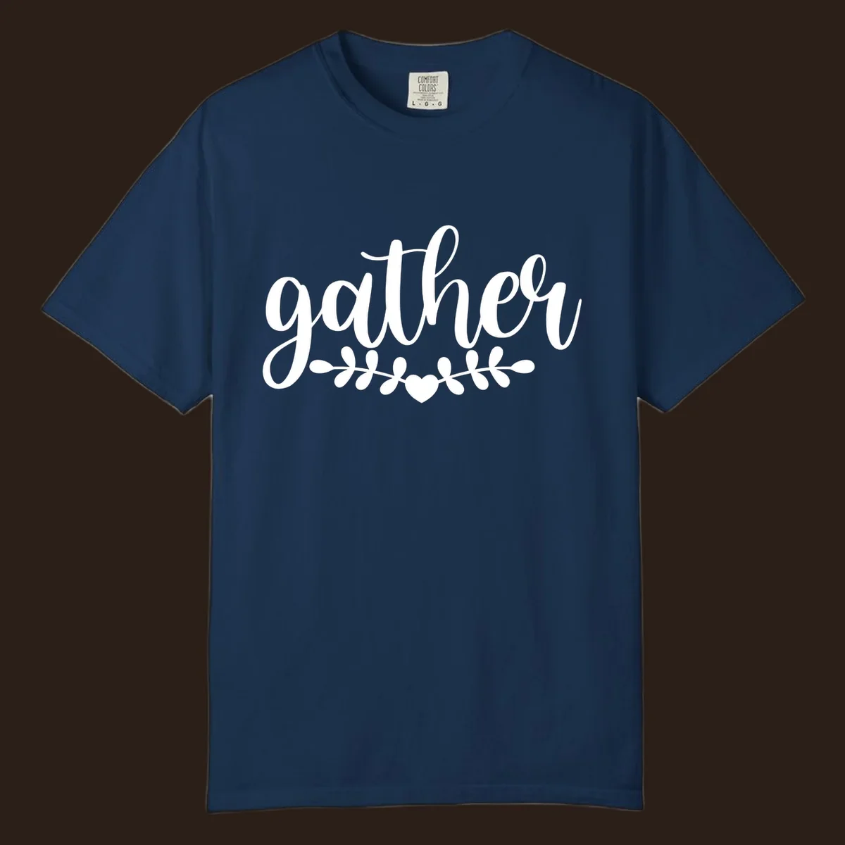 Gather together family script text with heart and leaves illustration.