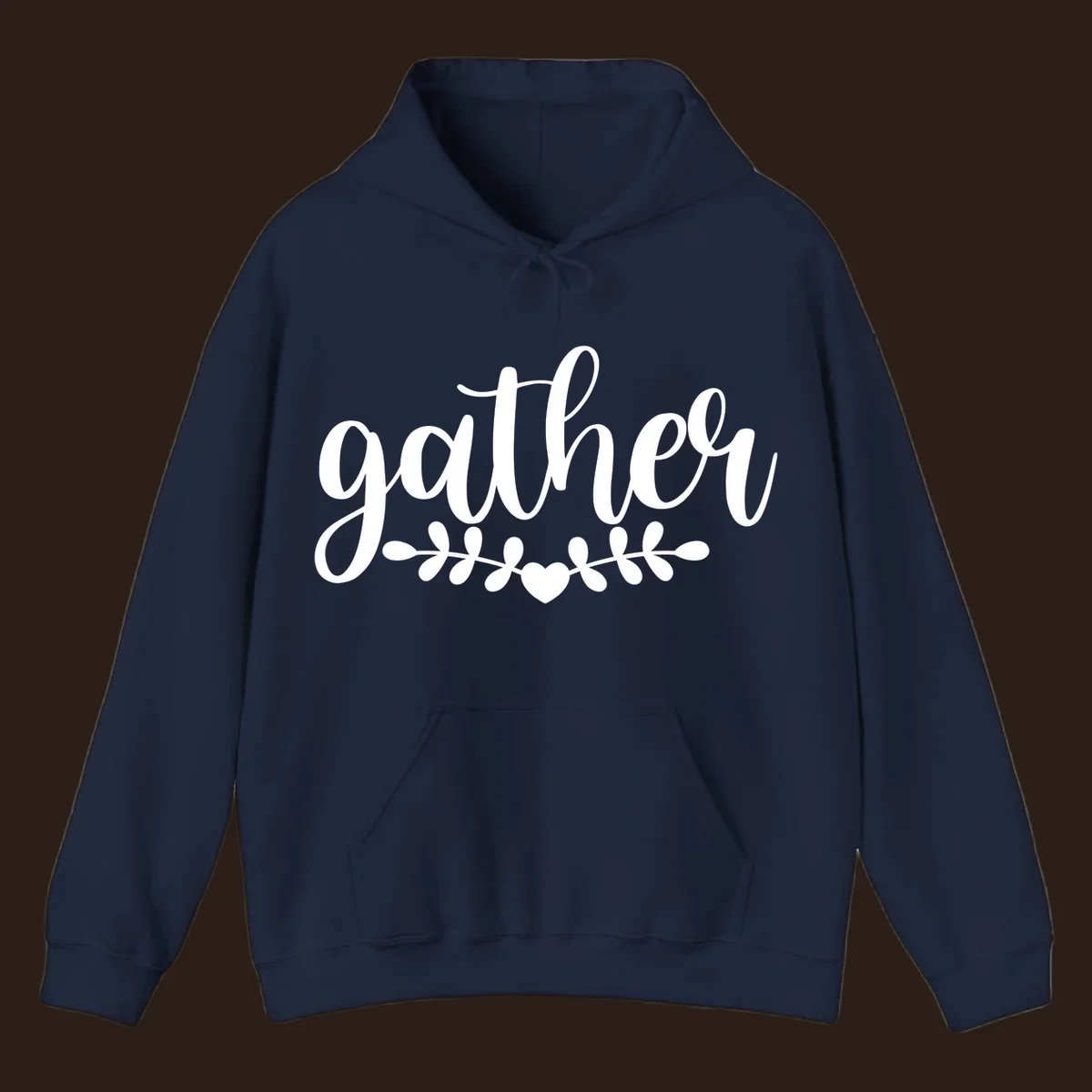 Gather together family script text with heart and leaves illustration.