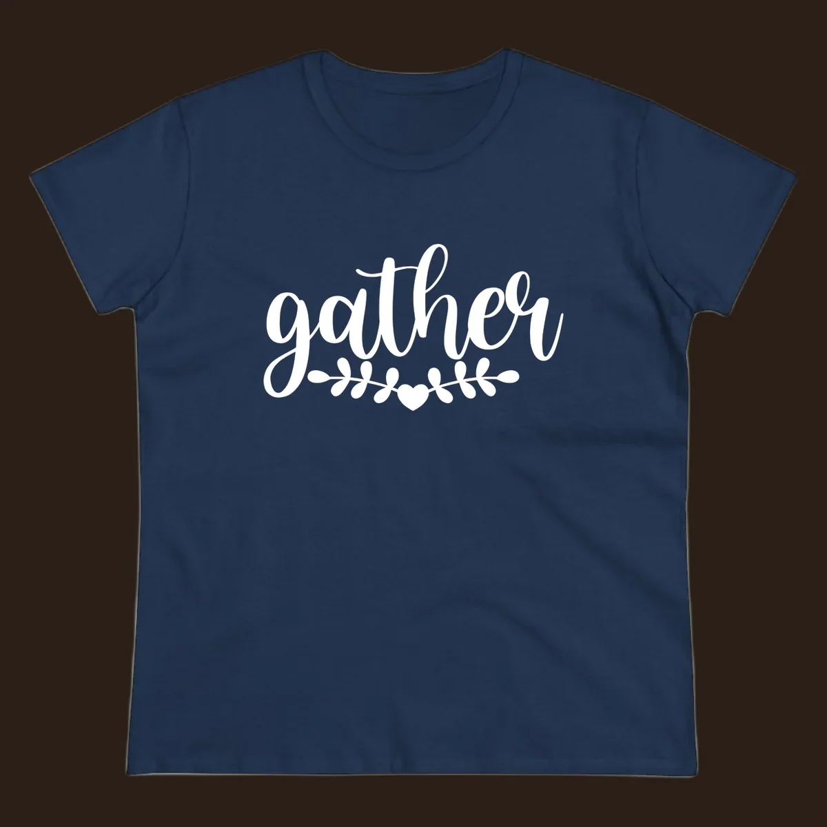 Gather together family script text with heart and leaves illustration.