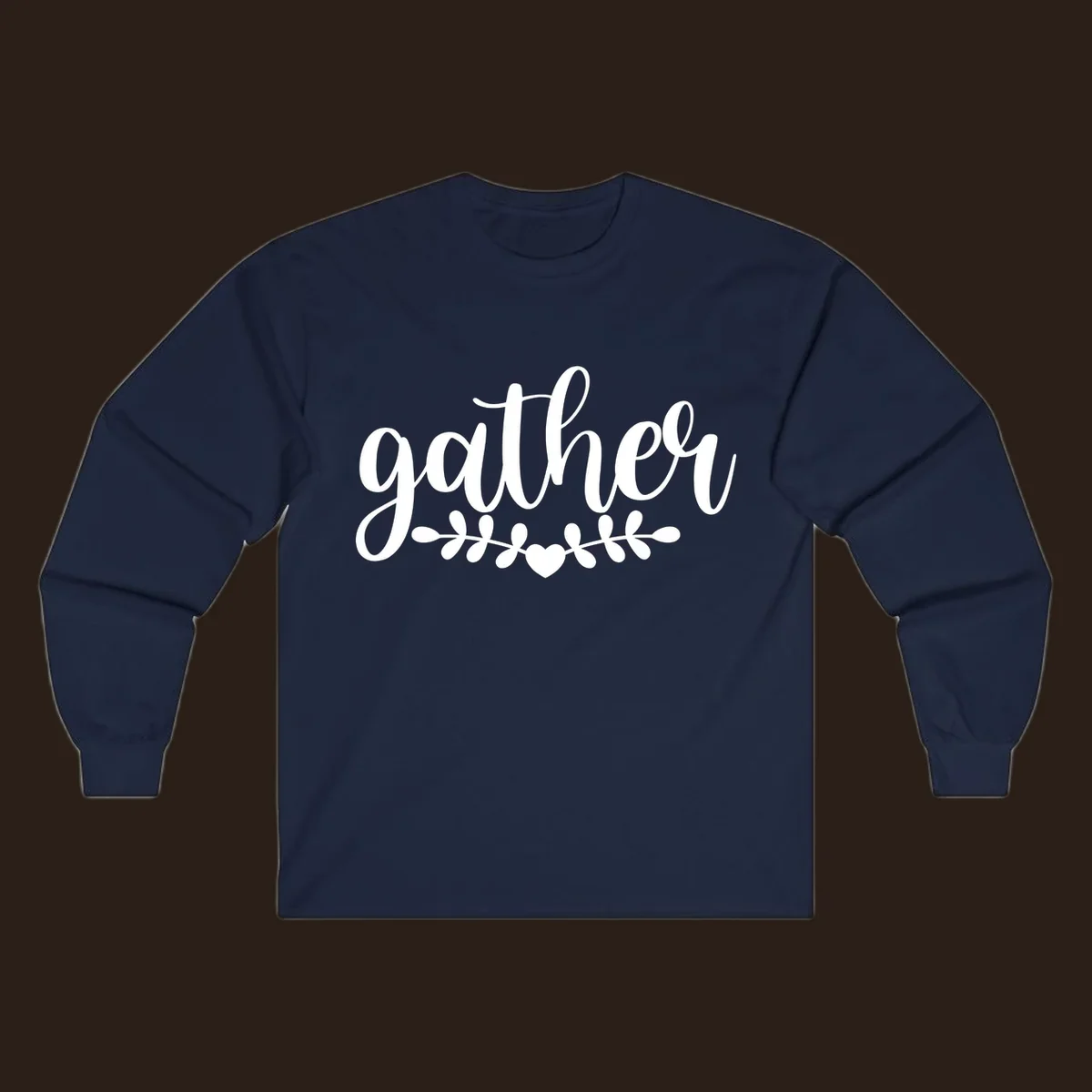 Gather together family script text with heart and leaves illustration.