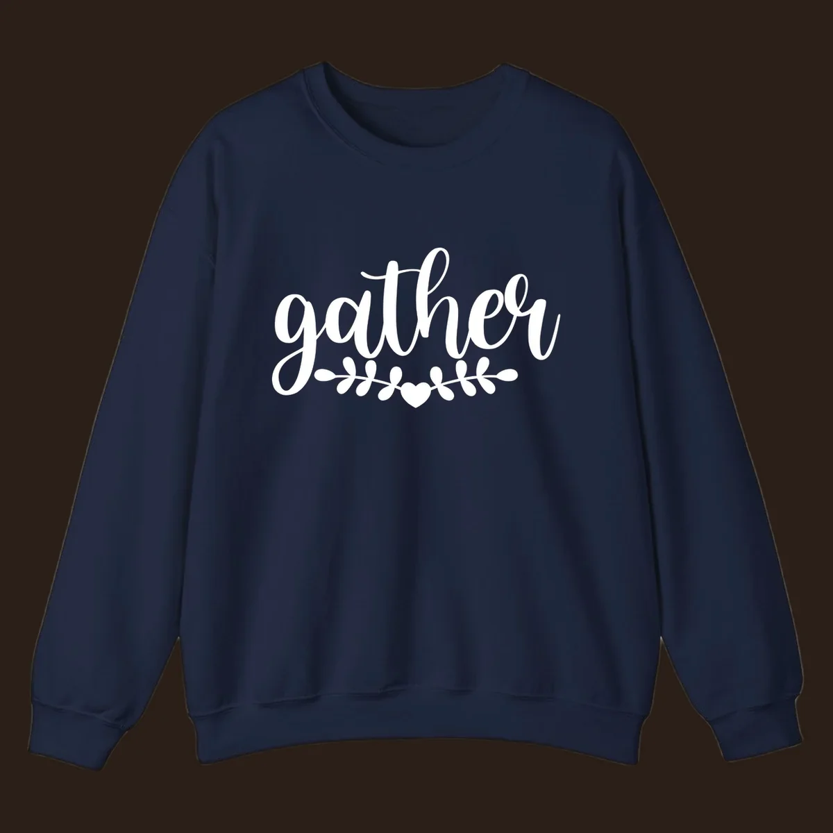Gather together family script text with heart and leaves illustration.