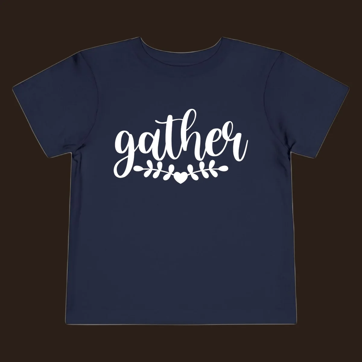 Gather together family script text with heart and leaves illustration.