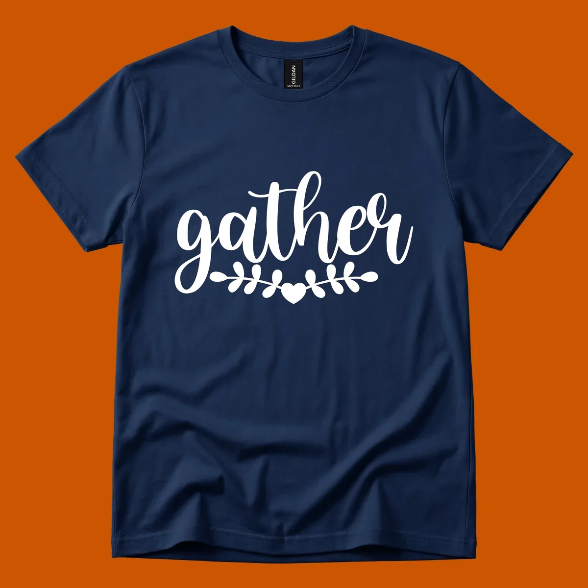 Gather together family script text with heart and leaves illustration.