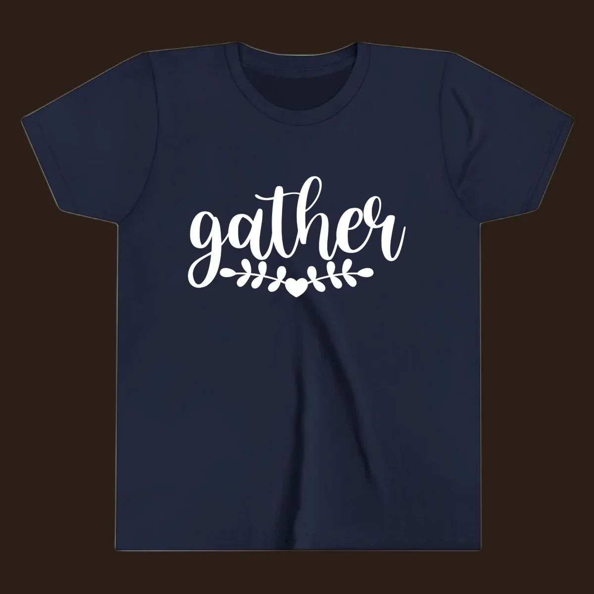 Gather together family script text with heart and leaves illustration.