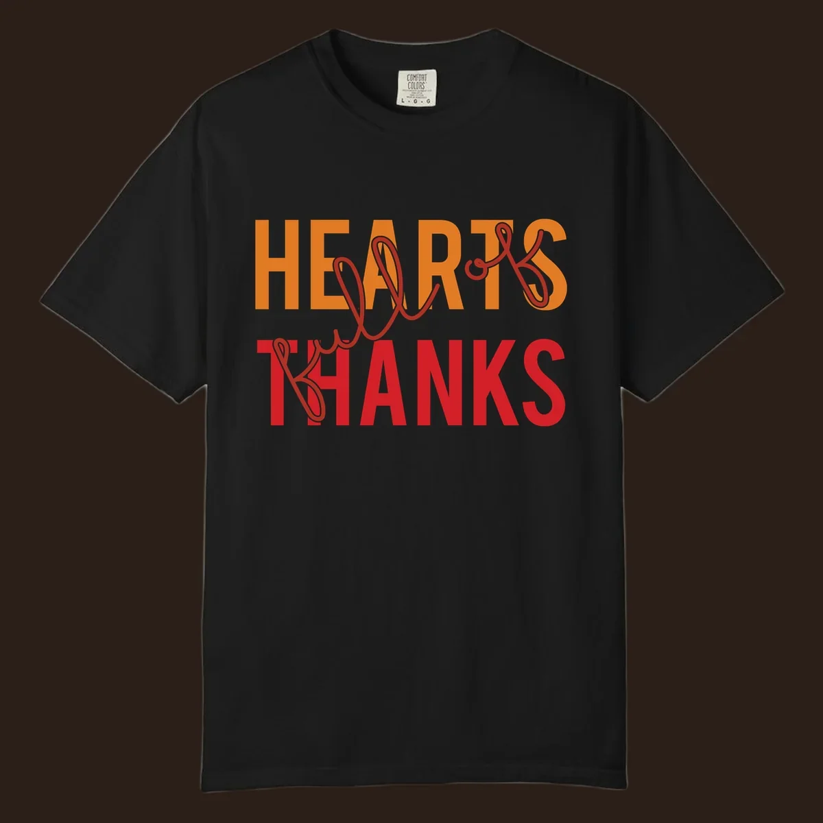 Orange and red typography design spelling "HEARTS FULL OF THANKS".